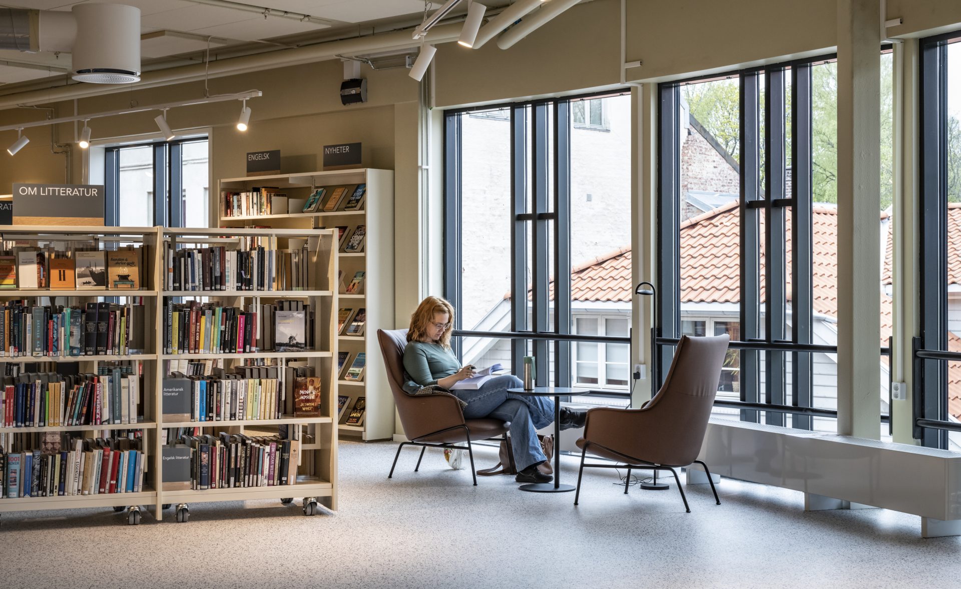 Illustrasjonsfoto av kvinne som leser i Halden biblioteks voksenavdeling.