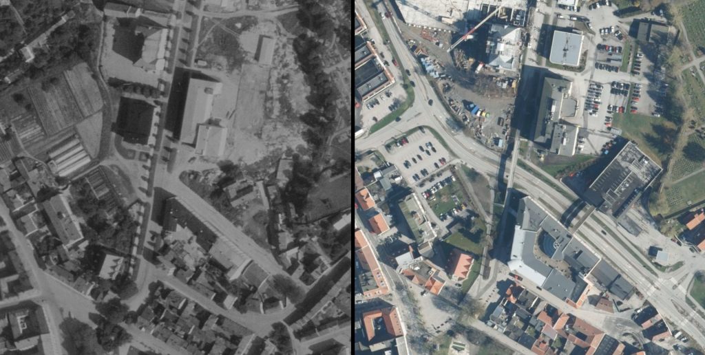 Utsnitt av Os med Skofabrikken. Til venstre flyfoto 1948, til høyre satellittbilde 2023