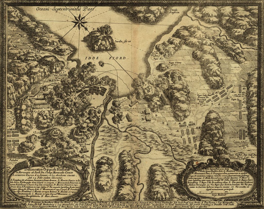 Kart over beleiringen av Halden fra 1660. Trykket kan være laget senere. 