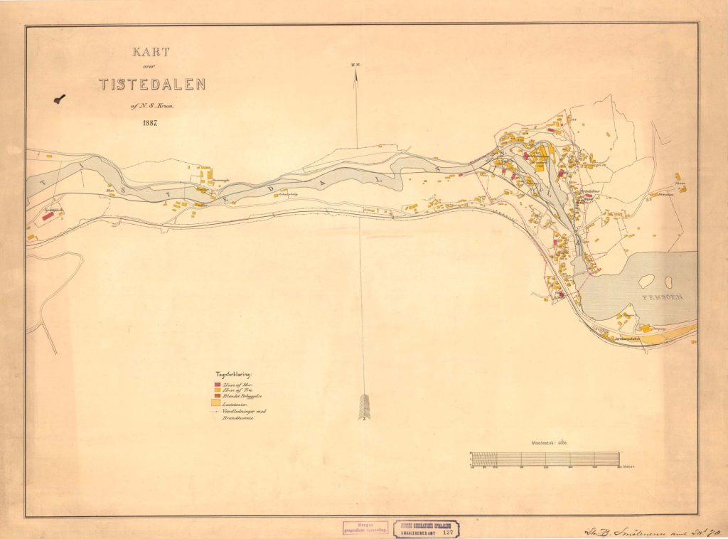 Kart fra 1887 over deler av Tistedalen