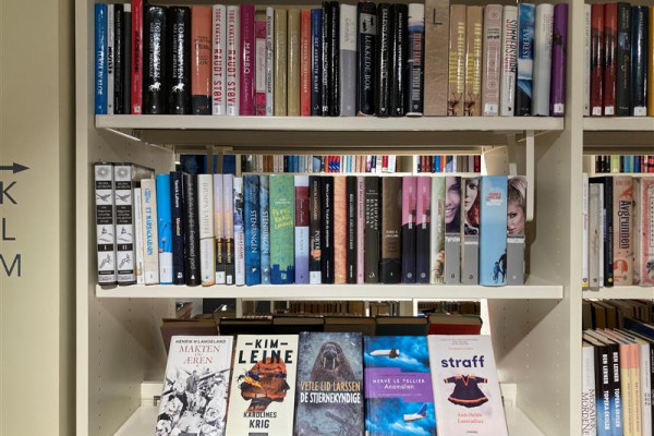 Bilde av en bokhylle på biblioteket