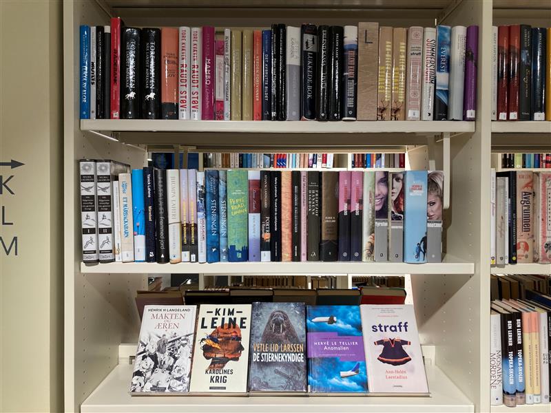 Bilde av en bokhylle på biblioteket