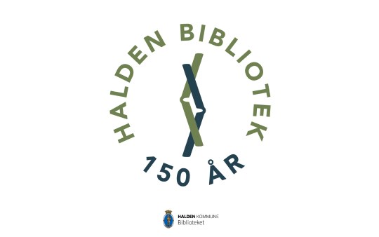 Banner med jubileumslogo: Halden bibliotek 150 år