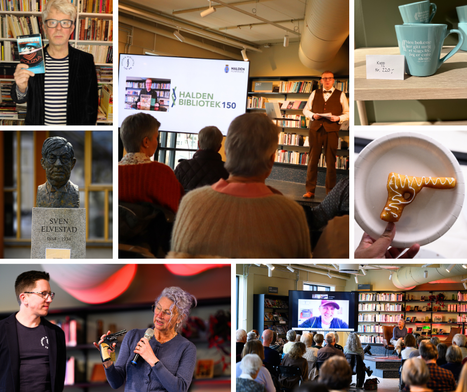 Bildecollage sammensatt av 7 bilder fra arranementer gjennom året. Blant annet Knut Nærum, jubileumskopp til salgs, bakverk fra utdeling av Rivertonpris og publikum med Jo Nesbø på skjermen.